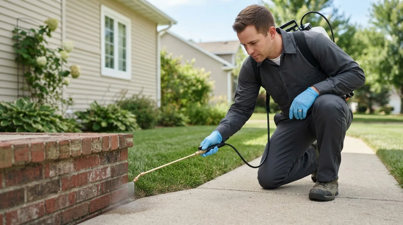 Pest control technician treating a home near Liberty, NC